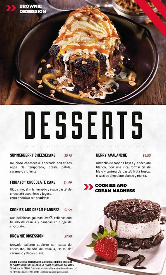 Menú de Desserts de Fridays