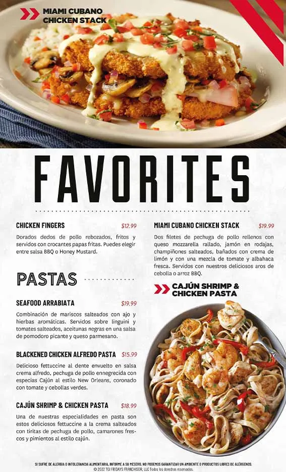 Menú de Fridays favorites de Fridays