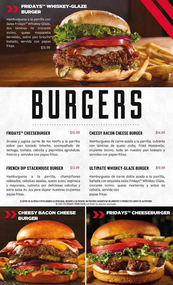 Menú de Handcrafted Burgers de Fridays