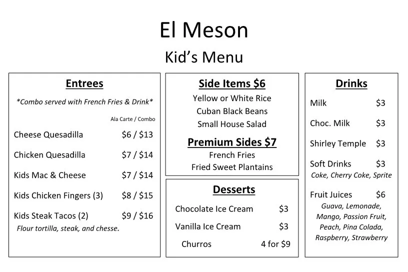 Menú de Kids Menu El Porton